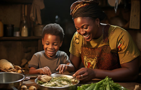Sons and mothers cooking in the kitchen.の素材