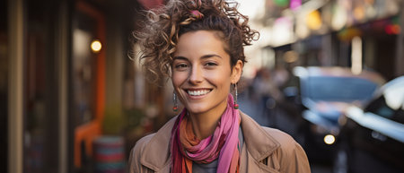 Portrait of a strong LGBTQ mid-adult woman grinning and averting her eyes in an office setting.の素材