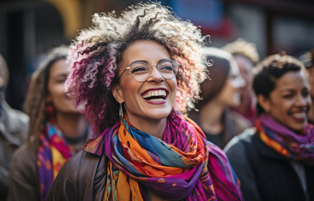 a middle-aged queer woman celebrating International Women's Day with her multiracial female palsの素材