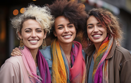 a middle-aged queer woman celebrating International Women's Day with her multiracial female palsの素材