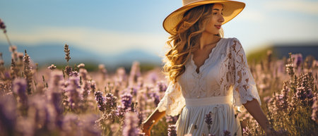 A young woman with a white dress and straw hat in a field of lavenderの素材