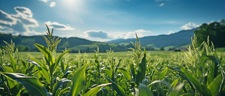 lovely photograph of a cornfield with a blue skyの素材
