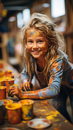 A young woman painting with paint on her hands and face while grinning.の素材