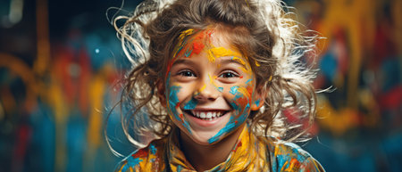 A young woman painting with paint on her hands and face while grinning.の素材