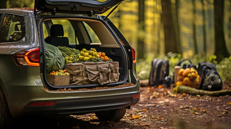 groceries in car trunk outside, in bags. Fresh groceries from the grocery store are in the open car trunk.の素材