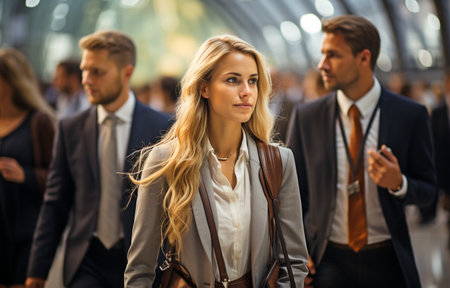 Businesspeople strolling through a contemporary hall at a trade exhibitionの素材