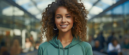 Full-length photo of a stunning woman with curly hair walking outside near an urban business area while sporting a green pullover, trousers and sneakers.の素材