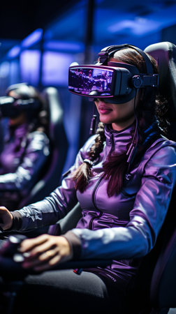 Having joy while operating a vehicle racing simulator cockpit with a seat and wheel is a woman wearing a virtual reality headset.の素材