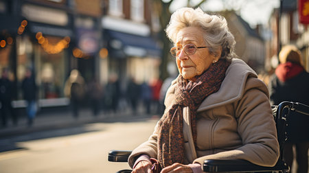 A wheelchair-bound elderly woman is preparing to cross the street at a pedestrian crossing.の素材