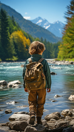 a kid climbing mountains. youngsters along the riverの素材