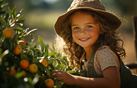 on a farm, a child picking apples. fun in a fruit orchardの素材