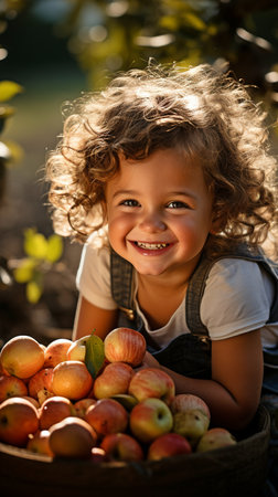 on a farm, a child picking apples. fun in a fruit orchardの素材