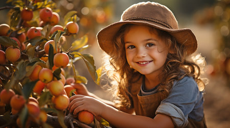 on a farm, a child picking apples. fun in a fruit orchardの素材