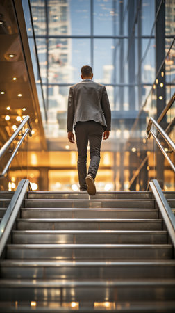 Businessman coming up stairs in an office or other building.の素材
