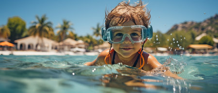Child snorkelling on a tropical beach while wearing swim finsの素材