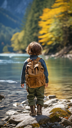 a kid climbing mountains. youngsters along the riverの素材
