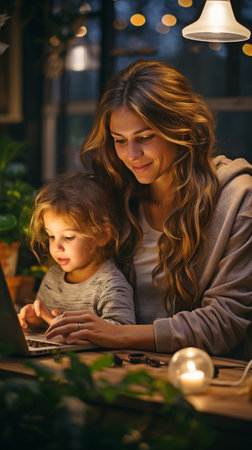 Working from home or remotely in finance while a mother and infant are present in the evening. Computer,の素材