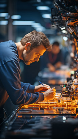 a futuristic factory with a mechanised industry where a human worker and a robot coexist,の素材