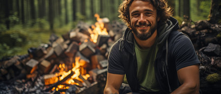 Man posing in a summertime forest near firewood,の素材