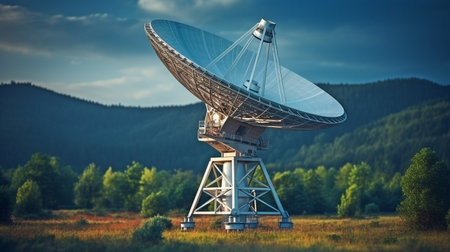 satellite dish. Data transmission, radio telephony, military radar, astronomical telescope, and observatory for cosmological studyの素材