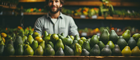 A worker examining the fruit in the basement or ripener while holding an avocado,の素材