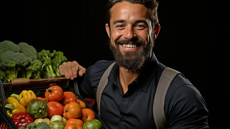 Young businessman making the ok sign while pushing a tiny cart full of groceries.の素材