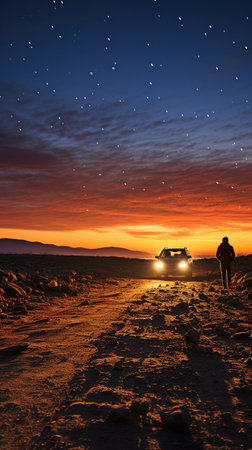 silhouette of a person walking on a desert road in back view, with the Milky Way and a shooting star in the distance.の素材