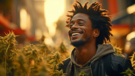 a young, urban, African boy from the millennium. Black male content with a marijuana backpackの素材