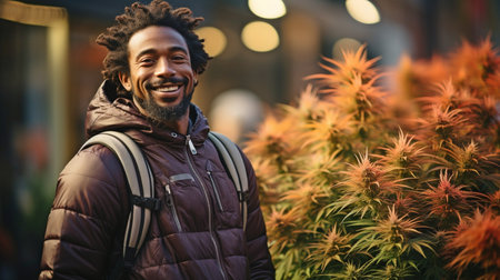 a young, urban, African boy from the millennium. Black male content with a marijuana backpackの素材