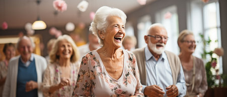 Full-length shot of a gathering of seniors participating in activities and dancing inside a retirement homeの素材
