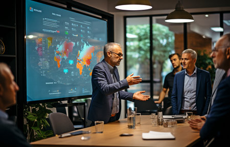 A diverse gathering of businesspeople pointing at a digital data board during a meeting in a high-tech IT firm.の素材