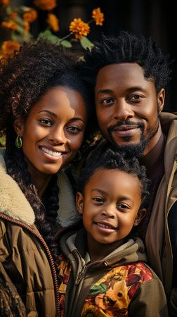 A family of three people, including a mother, a father, and a daughter, is seated outside on a front porch.の素材