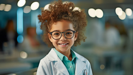 happy black girl with a lab coat and safety glasses posing for a photo while attending a scientific class.の素材