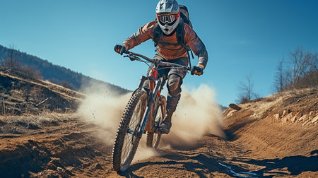 a red backpacked cyclist against a sky blue backdrop. Broad angleの素材