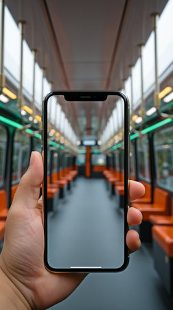 A close-up of a young man's hands reveals a mobile phone or SMSRT phone with a blank screen being used inside a bus as a setting for a travel and technology conceptの素材