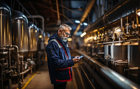 a factory worker using a tablet computer to inspect a brewery plant's production line with reservoirs or tanksの素材