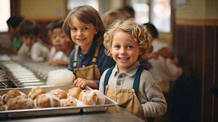 Children in queue steal food from a cafeteria employee.の素材