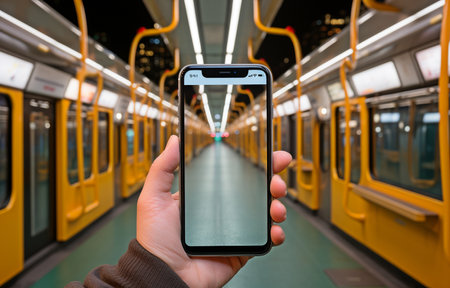 A close-up of a young man's hands reveals a mobile phone or SMSRT phone with a blank screen being used inside a bus as a setting for a travel and technology conceptの素材