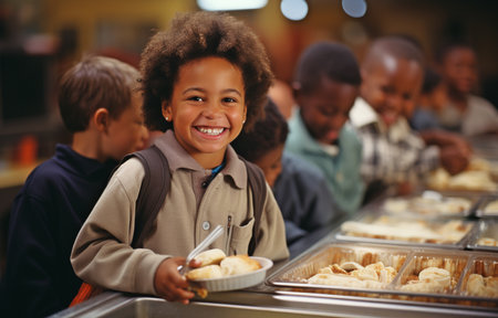 Children in queue steal food from a cafeteria employee.の素材