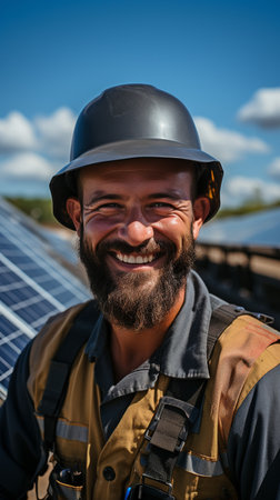 wearing a helmet and holding a solar panel,の素材