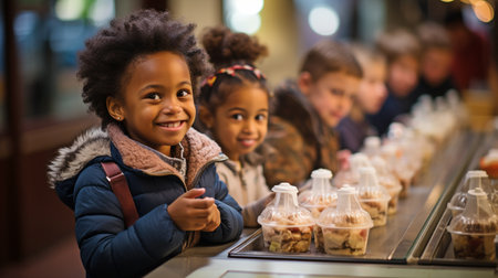 Children in queue steal food from a cafeteria employee.の素材