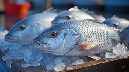 In a fish processing plant, a group of fish are seen sitting on top of ice.の素材