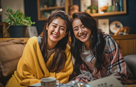 Happy, attractive Chinese ladies connecting at home. Playful, attractive Asian women meeting and having fun at home. Lifestyle ideas.の素材