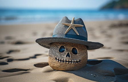 Halloween pumpkin with skeleton hand, fashionable cap, and starfish on beachの素材