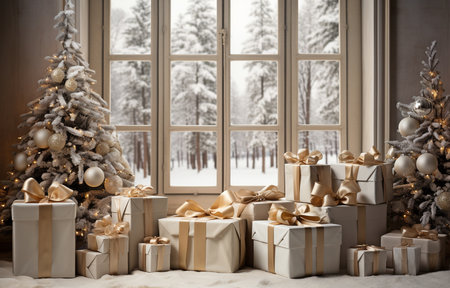 under the Christmas tree near the window, gift boxesの素材