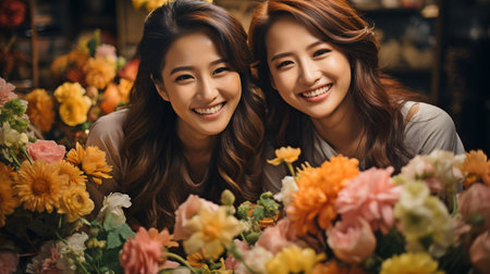 Happy, attractive Chinese ladies connecting at home. Playful, attractive Asian women meeting and having fun at home. Lifestyle ideas.の素材