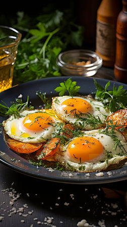 on a colourful dish, fried eggs with saffron milk cap mushrooms,の素材