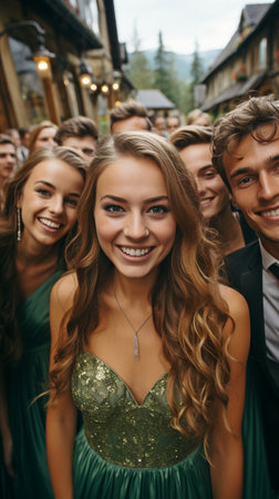 teenagers posing for selfies on prom nightの素材