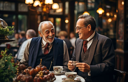 Old-fashioned suit-clad men conversing or discussing anything in the restaurant,の素材