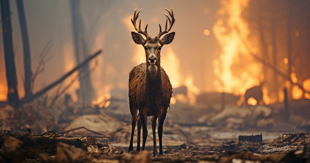 During a fierce forest fire, a wild deer flees the flames in a panic.の素材